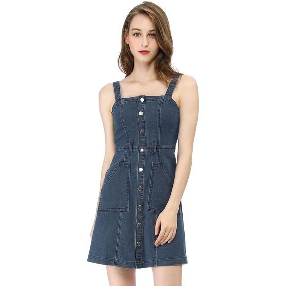 Women's Classic Adjustable Strap A-Line Overall Denim Dress Dark Blue - Picture 2 of 6